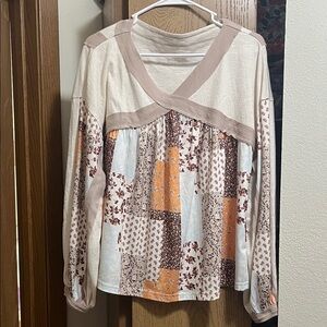 Source Unknown Patchwork Blouse in Cream and Brown